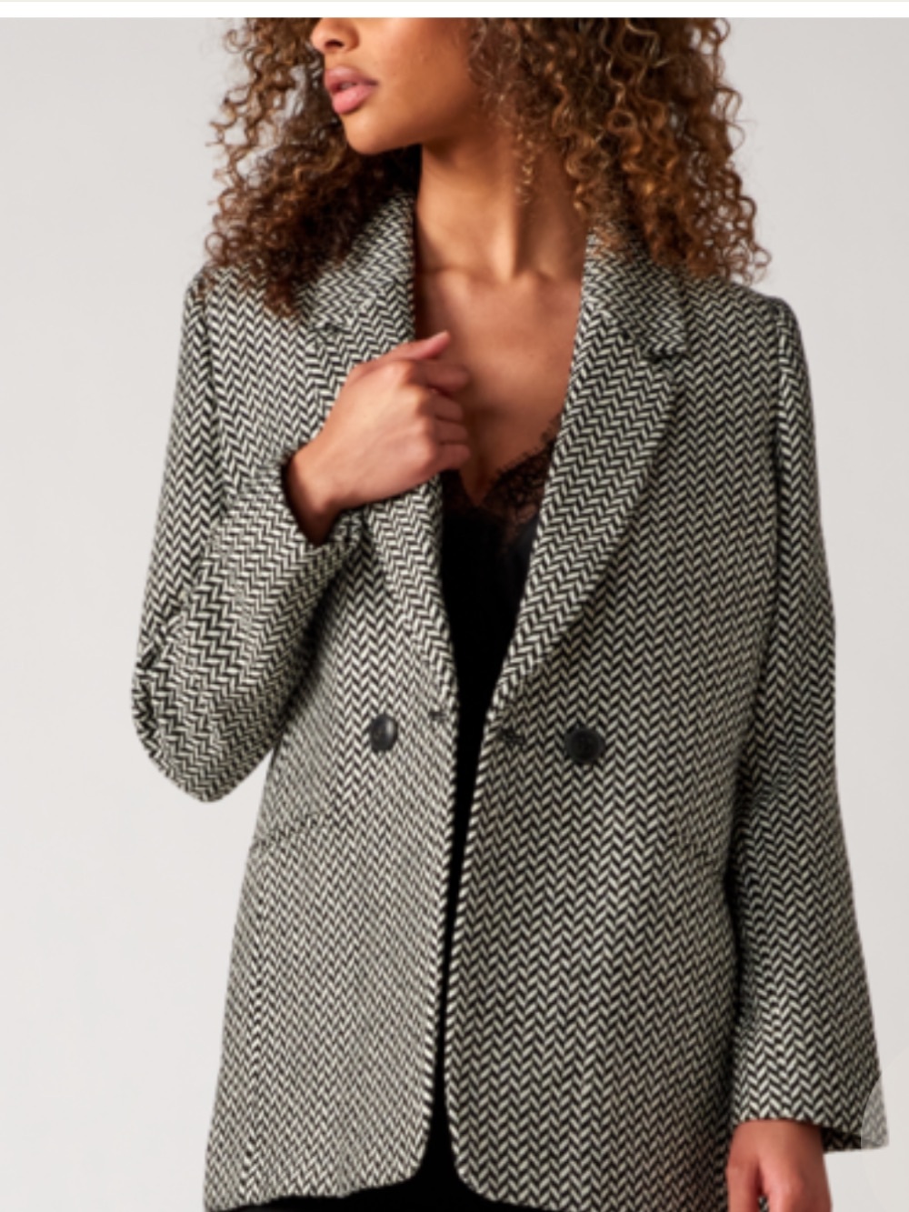 Anine Bing Black & White Herringbone Double-Breasted Blazer